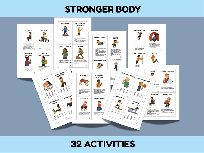 Puede incluir: Un conjunto de tarjetas ilustradas con el texto "CUERPO M&Aacute;S FUERTE" y "32 ACTIVIDADES". Cada tarjeta presenta un ejercicio diferente, como sentadillas, caminatas de oso y saltos, con ilustraciones de personas realizando los ejercicios.