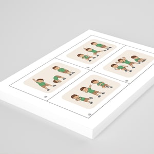 May include: A stack of white cards with illustrations of a person in various yoga poses. Each card features a beige background with a cartoon figure in a green shirt and brown shorts. The cards are stacked at an angle.