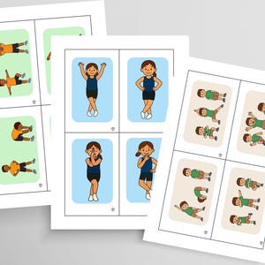May include: Printed exercise flashcards featuring cartoon illustrations of people performing various stretches and exercises. The cards are on white paper with green and blue backgrounds, ideal for physical education or home workouts.
