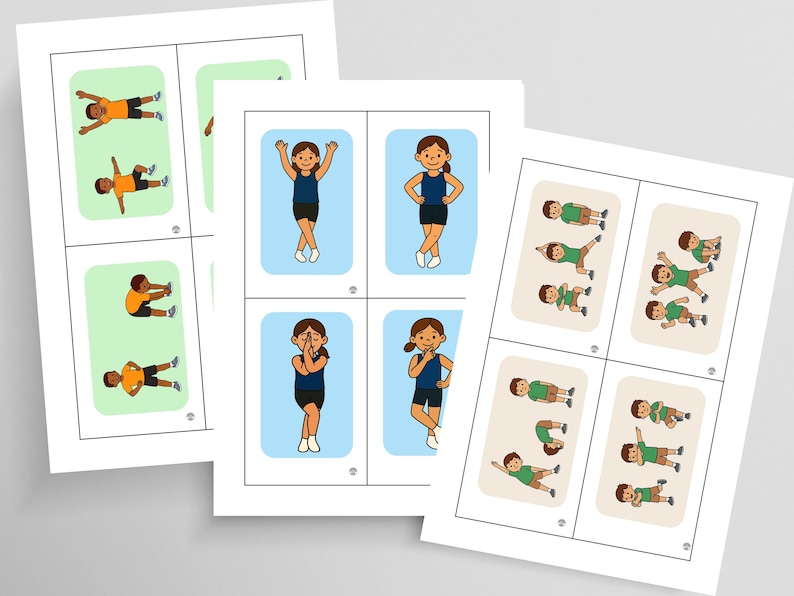 May include: Printed exercise flashcards featuring cartoon illustrations of people performing various stretches and exercises. The cards are on white paper with green and blue backgrounds, ideal for physical education or home workouts.