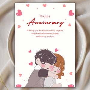 Cute Anniversary Card Digital Download | Printable Love Card | Kawaii Couple Hug | A4 Instant Download | Romantic Gift for Him or Her