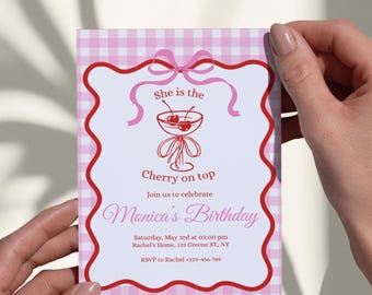 Cherry On Top Birthday Invitation: Pink Cocktail Party, Bow Design (Canva Template, Instant Download)