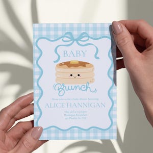 Baby Brunch Invitation Template | Blue Gingham Baby Shower Invite | Editable Canva Instant Download | Pancake Illustration Digital Download