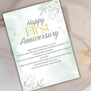 Tarjeta de primer aniversario / Diseño floral verde salvia / Descarga instantánea / Tarjeta de amor digital / Regalo de aniversario imprimible / Flores de otoño