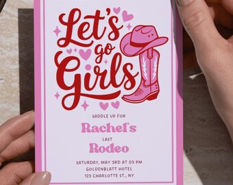 Last Rodeo Bachelorette Invitation: Pink Cowboy Boots, Editable Canva Template