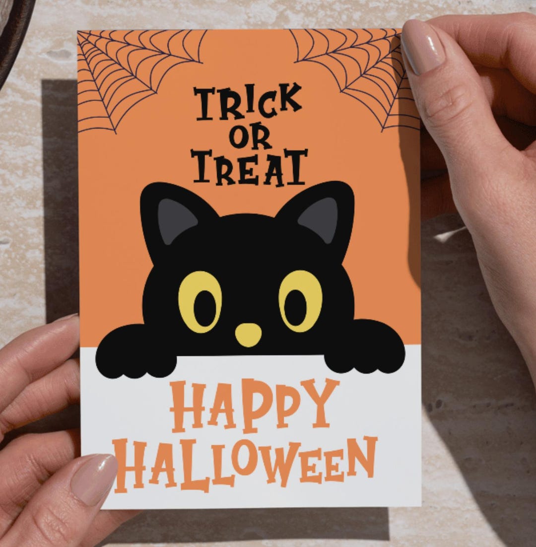 Black Cat Halloween Printable Card – Cute Spooky Season PDF Instant ...