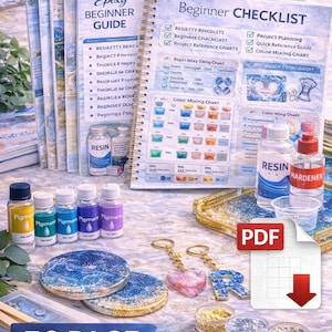 May include: An assortment of epoxy resin art supplies, including pigment bottles, resin and hardener bottles, a beginner's guide, and a beginner checklist. The image also features finished resin coasters and keychains, with the text "30 PAGE STEP-BY-STEP PDF".
