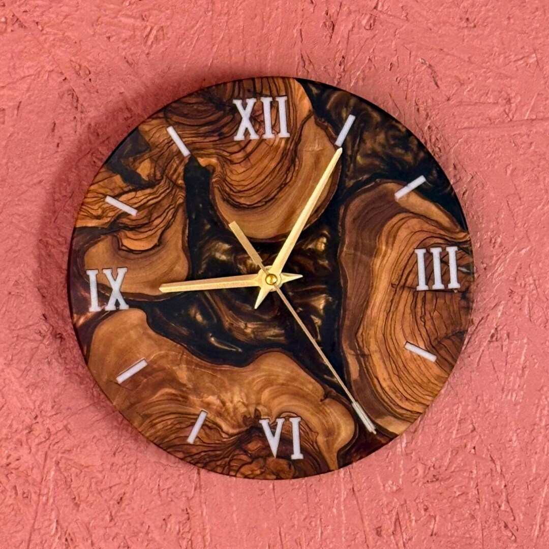 Olive Wood & Silver Epoxy Resin Clock: Rustic Live Edge Wall Decor ...