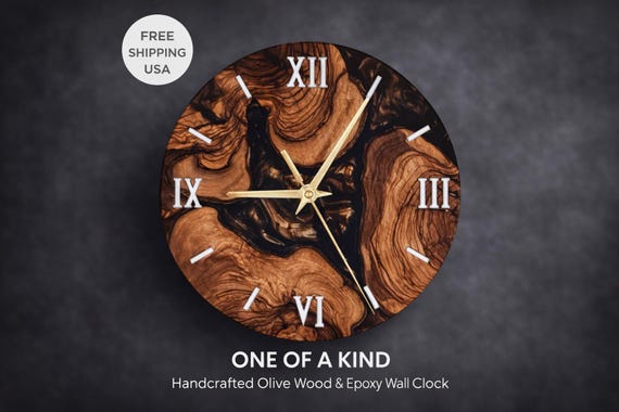 Rustic Olive Wood Clock with Roman Numerals Farmhouse Resin Wall Accent