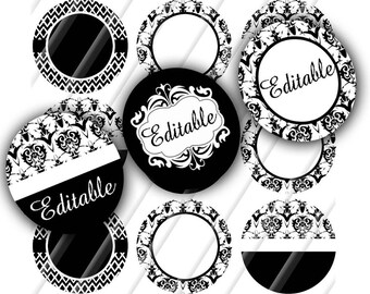 INSTANT DOWNLOAD-Digital Bottlecaps-Black White-Jewelry-Blanks-Editable