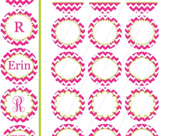 INSTANT DOWNLOAD-Digital Bottlecaps-Pink White Chevron-Editable