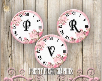 INSTANT DOWNLOAD-Pendant 1 inch circle Pink Rose Vintage Clock WITHOUT clock hands Bottlecap Images