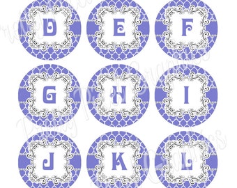 INSTANT DOWNLOAD-Bottlecaps-1 inch circle-Lavender Quatrefoil Alphabet