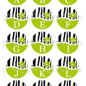 May include: Twelve round green and black zebra print stickers with white trim and a green flower on each. The stickers are labeled with the letters A through O.