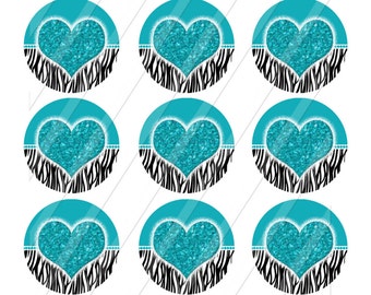 INSTANT DOWNLOAD-Bottlecap 1 inch circle Turquoise Blingy Hearts and Zebra