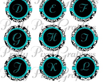 INSTANT DOWNLOAD bottlecap images Aqua-Black-White Damask Alphabet and Extras