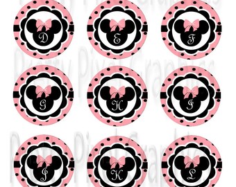 Minnie Mouse Alphabet Bottlecap Images, Pink and Black (Digital Download)
