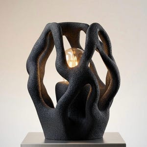 May include: A black, textured table lamp with an organic, cage-like design. The lamp features a warm, glowing lightbulb at its centre, creating a soft, ambient glow. The lamp is placed on a silver surface.