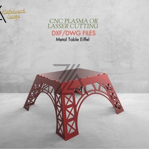 以下が含まれることがあります： エッフェル塔のデザインが施された赤い金属製のテーブル。テーブルは正方形の天板と透かし彫りの脚を持っています。画像には「CNC PLASMA OR LASSER CUTTING DXF/DWG FILES Metal Table Eiffel」と書かれています。