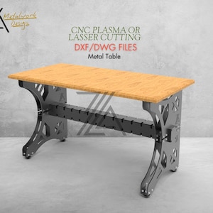 May include: A metal table with a wood top. The table is designed for CNC plasma or laser cutting. The design files are available in DXF/DWG format.