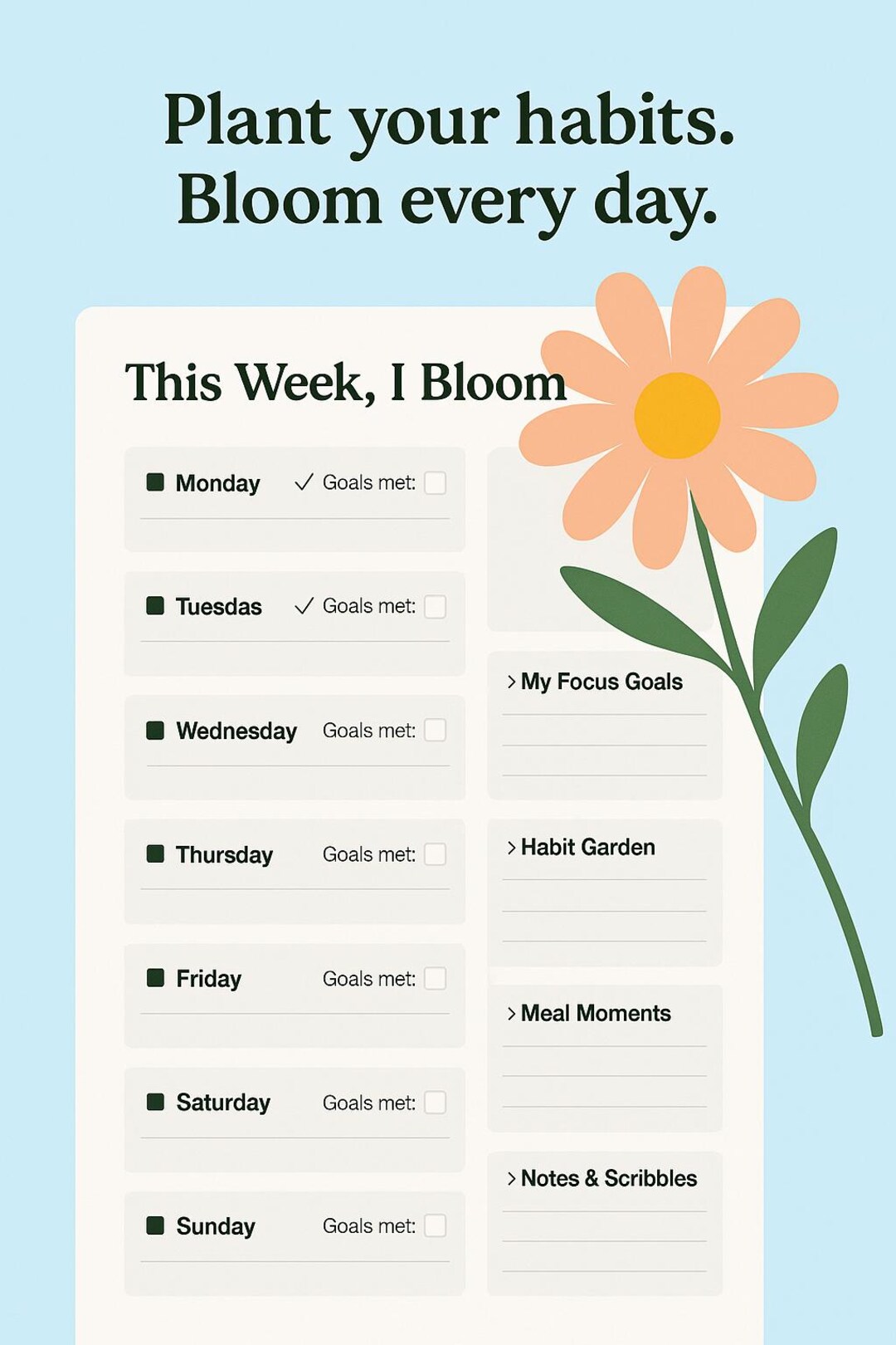 Weekly Bloom Chart Weekly Planner Printable PDF – Habit Tracker & Meal Planner – This Week ...