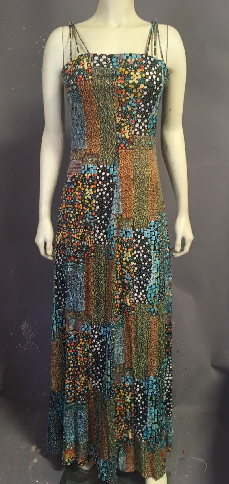 60s 70s psychedelic print dress/ poly jersey dress/ rare pucci-esque patchwork print/ bust is 36 image 1