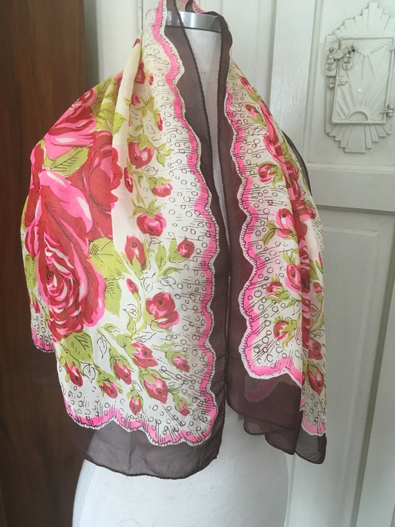 Vtg   1940s rose rayon scarf 17" by 41" - image 2