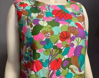 Vintage  50s 60s  Hawaiian neon  shift dress/stunning print/ soft cotton/ Bust 36”