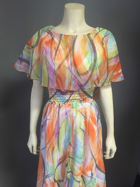 Vtg 1960s 70s chiffon  maxi long dress/ Flowy cap… - image 2