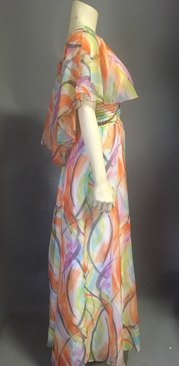 Vtg 1960s 70s chiffon  maxi long dress/ Flowy cap… - image 3