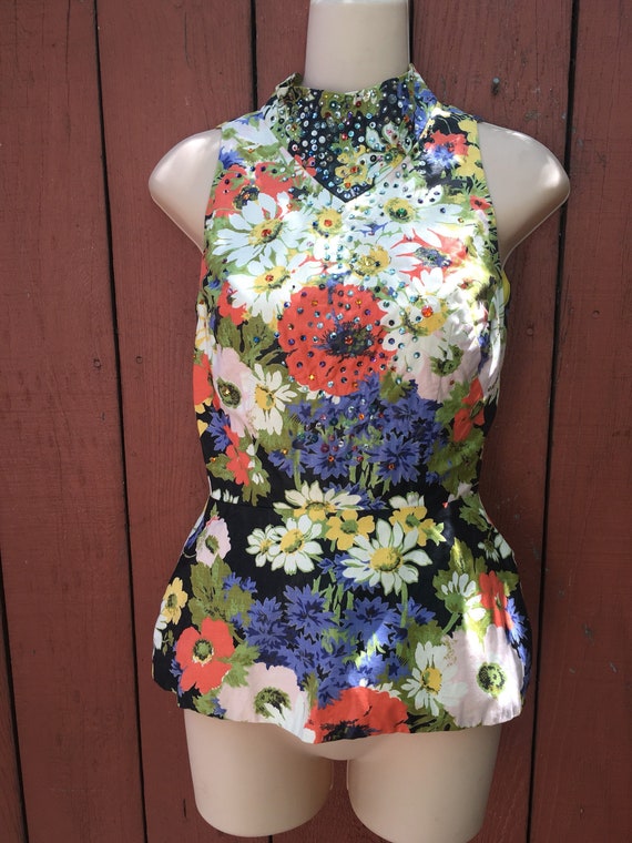 60s blouse/cotton halter beaded/ floral/1950s blou