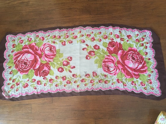 Vtg   1940s rose rayon scarf 17" by 41" - image 4