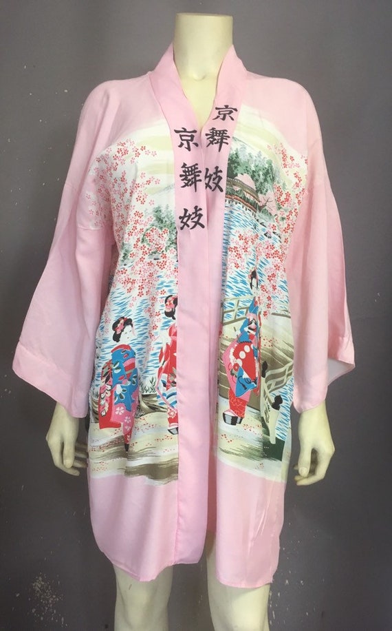 Vtg blue/ pink rayon Japanese kimono robe tunic /
