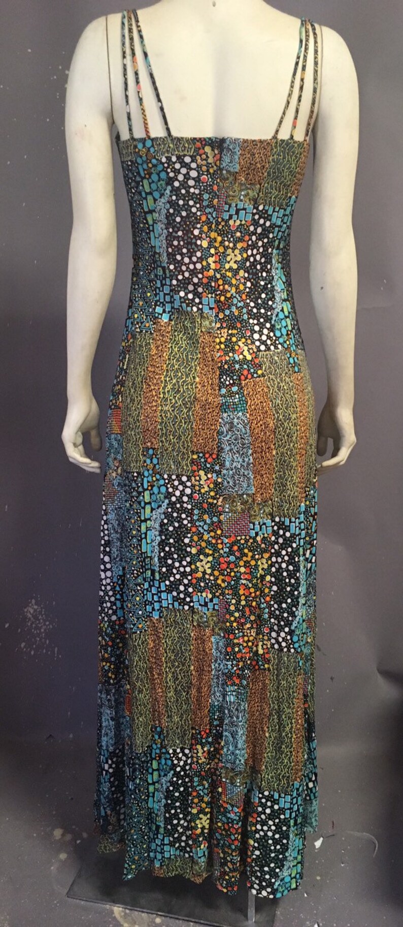 60s 70s psychedelic print dress/ poly jersey dress/ rare pucci-esque patchwork print/ bust is 36 image 8