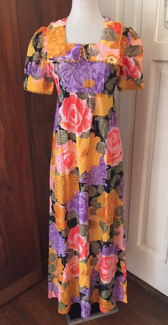 60s 70s metallic maxi dress/ floral / puff sleeve