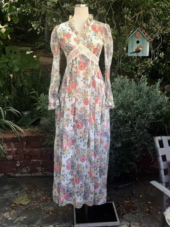 70s maxi dress/ Puff Sleeve bohemian ivory hippie… - image 1