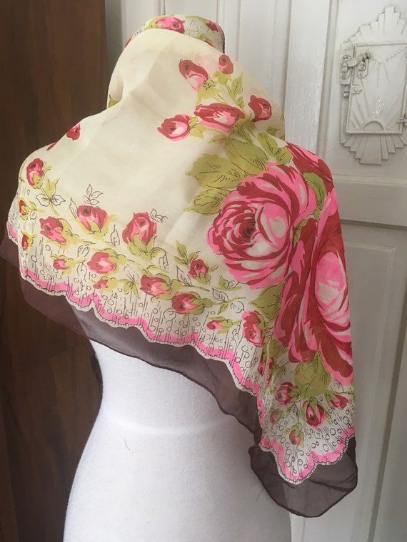 Vtg   1940s rose rayon scarf 17" by 41" - image 1