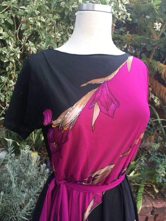 Vtg 70s black boho floral dress / m