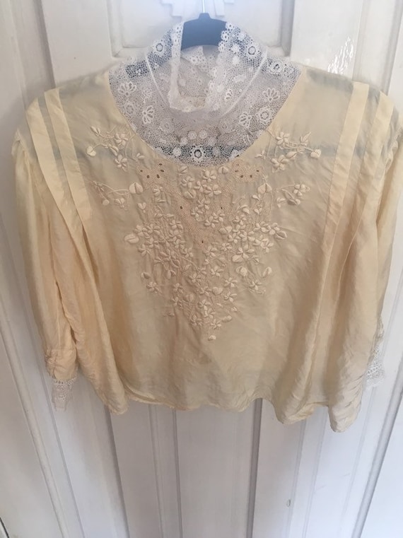 ivory victorian silk embroidered blouse/ M