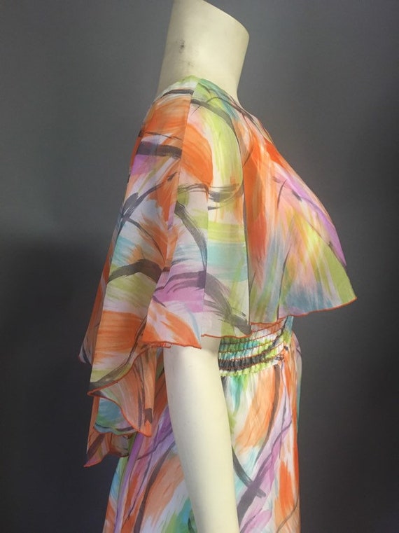 Vtg 1960s 70s chiffon  maxi long dress/ Flowy cap… - image 9