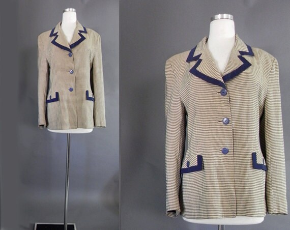 40s Jacket . 1940s Cute Navy Check Jacket- Sz M-L