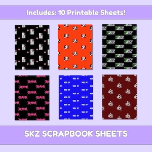 May include: A set of six scrapbook sheets with various patterns and colors. The sheets include text and graphics in black, red, green, and white on backgrounds of black, orange, blue, and maroon. The text "Includes: 10 Printable Sheets!" is at the top, and "SKZ SCRAPBOOK SHEETS" is at the bottom.