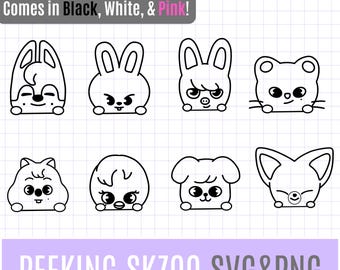 Imágenes prediseñadas de SKZOO asomándose / Conjunto de contornos de Stray Kids en formato SVG y PNG (descarga digital)