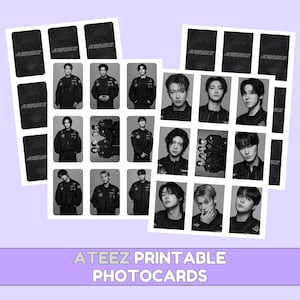 May include: Black and white printable photocards featuring images of a musical group. The cards are arranged on a light purple surface. The text "ATEEZ PRINTABLE PHOTOCARDS" is printed in white at the bottom of the image.