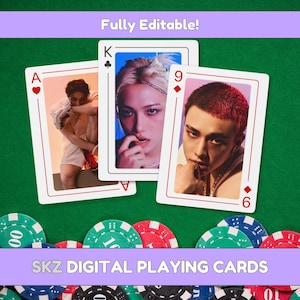 May include: Digital playing cards with three images of people on a green surface with poker chips. The cards are the Ace of Hearts, King of Clubs, and Nine of Diamonds. The text "Fully Editable!" and "SKZ DIGITAL PLAYING CARDS" are also visible.
