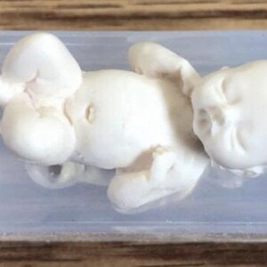 May include: A white resin sculpture of a baby lying on its back in a clear plastic box.