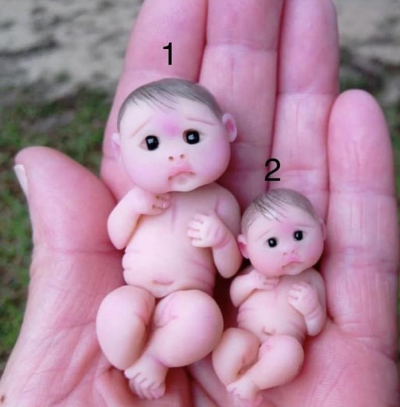 May include: Two small, realistic baby dolls made of polymer clay. The dolls are nude and have painted features. The dolls are numbered 1 and 2.