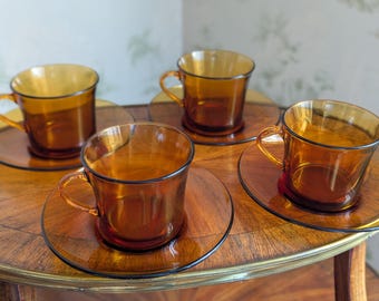 Set of 4 vintage Duralex Vereco style cups and saucers - Brown smoked glass - Retro 70s tableware