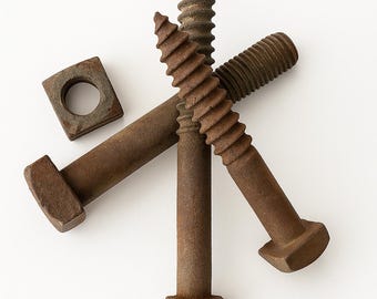 Tornillo/perno/tuerca cuadrada de hierro industrial recuperado, pátina de óxido, vintage.