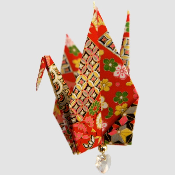 Red Diamonds and Waves Origami Peace Crane Ornament